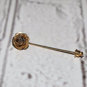 🌹 Gold-Tone Rose Stick Pin · Rhinestone Center · 2" Long